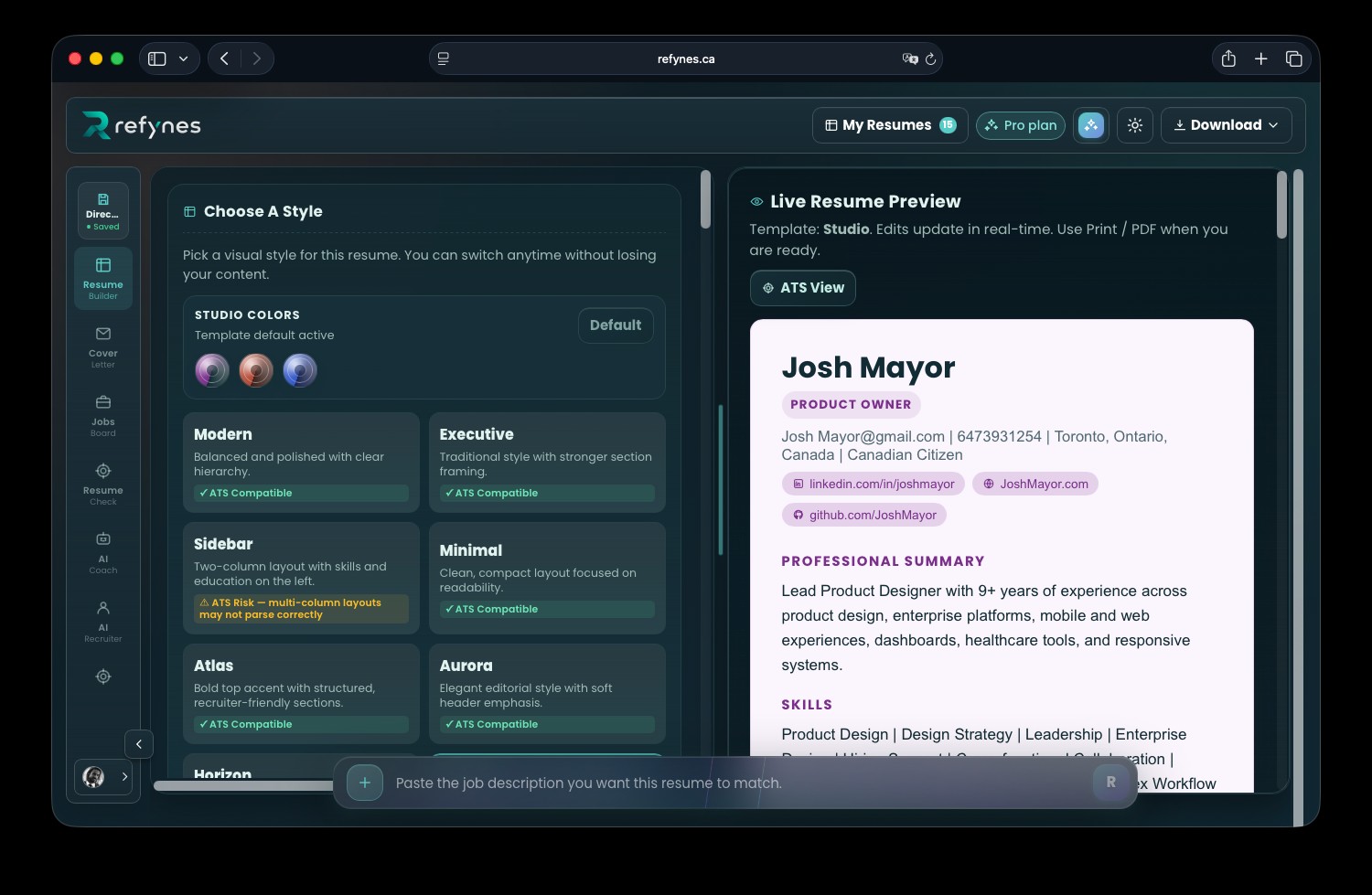 Refynes Resume Builder — Choose A Style + Live Resume Preview